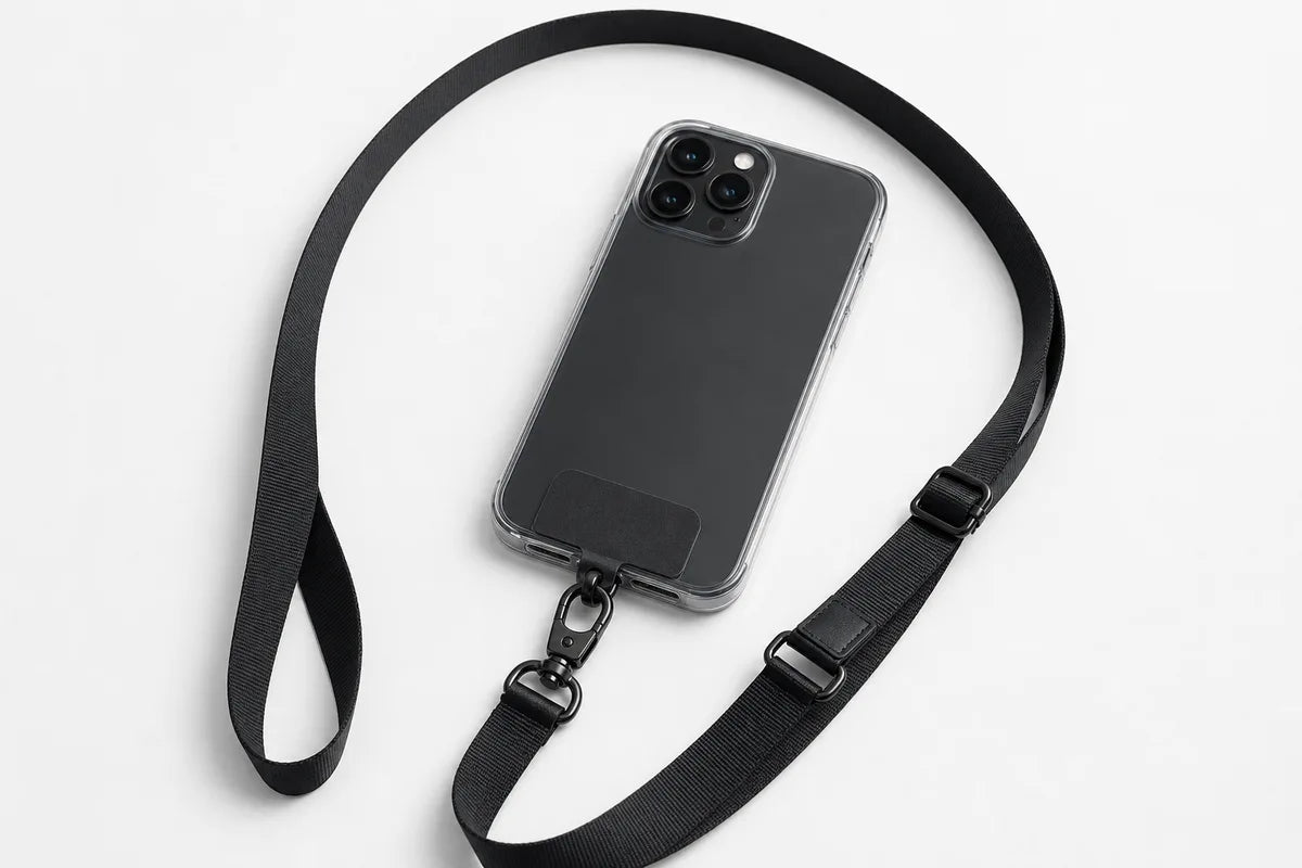 SafeGrip universal phone lanyard attached to a modern smartphone